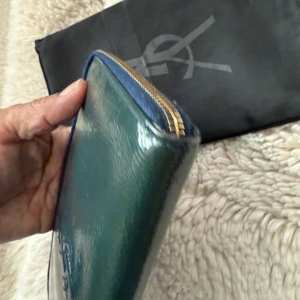 YSL EUC Vintage Teal Green Patent Leather Wallet with Dusty and Card - Picture 7 of 9